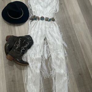 PrettyLittleThing Ivory Fringe Jumpsuit